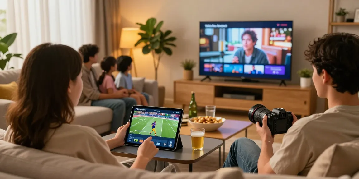 Streaming Pikashow with live sports on a tablet in a cozy living room.