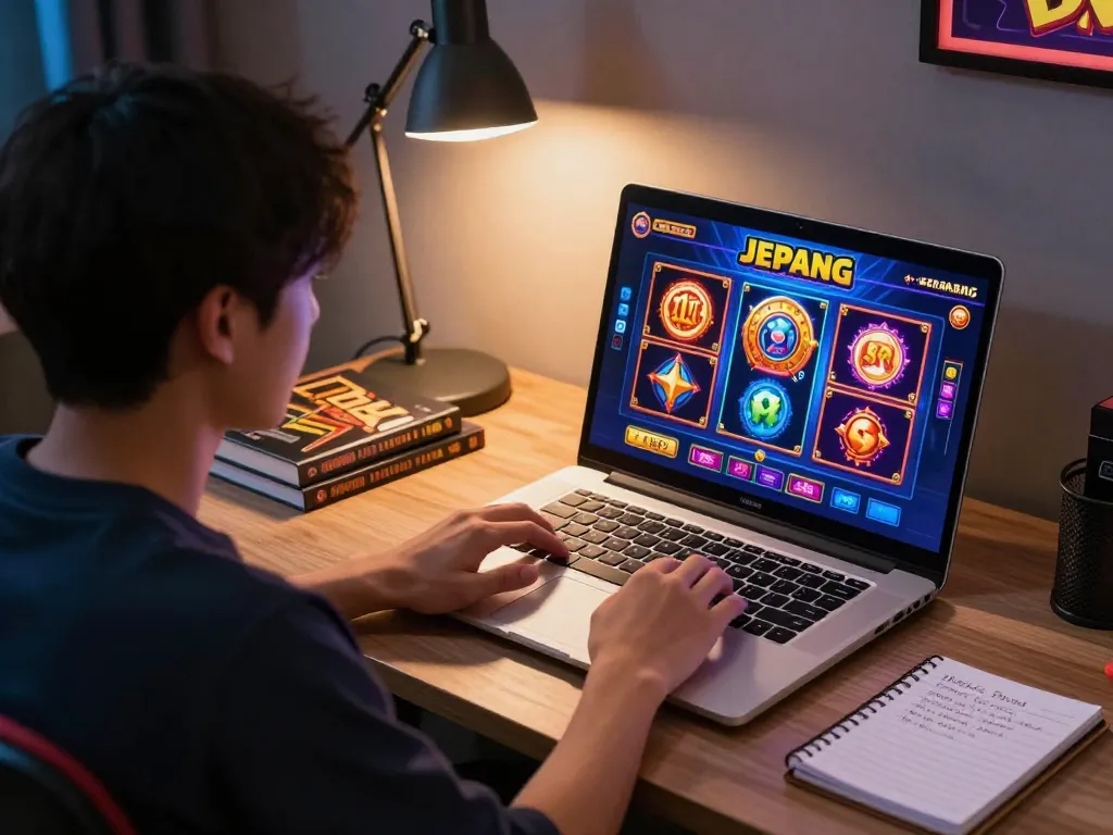 Player engaging with slot server jepang on a laptop set up in a vibrant gaming workspace.