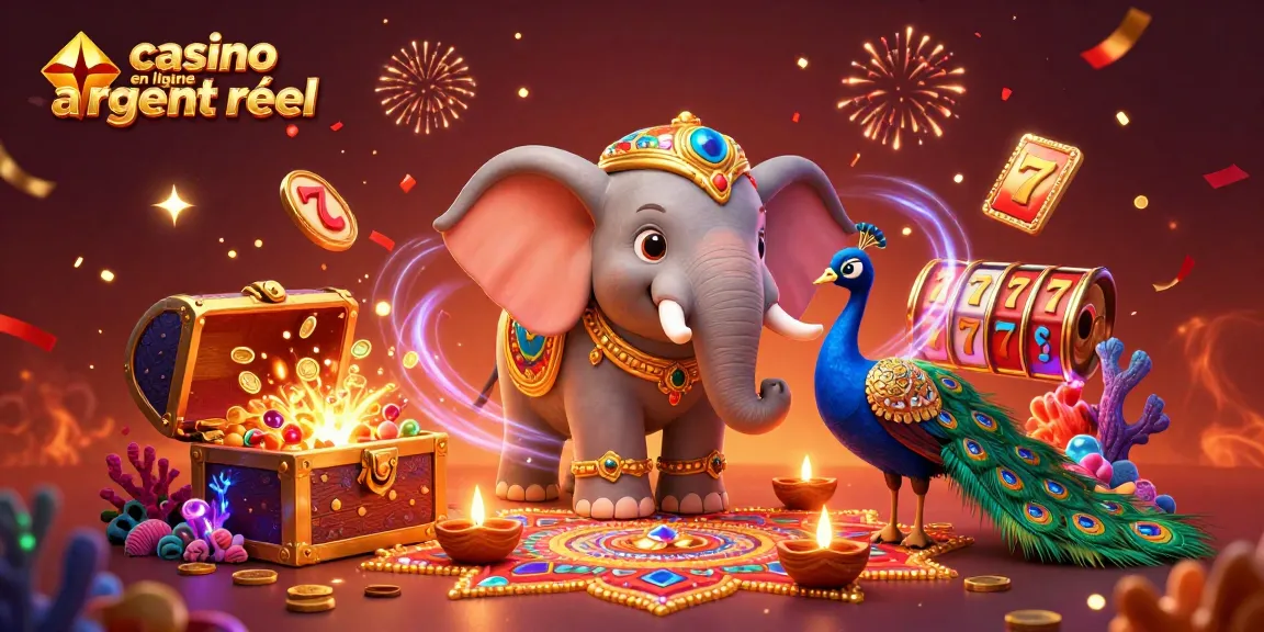Jouez au casino en ligne argent réel avec des machines à sous colorées et un éléphant décoré dans une scène festive.