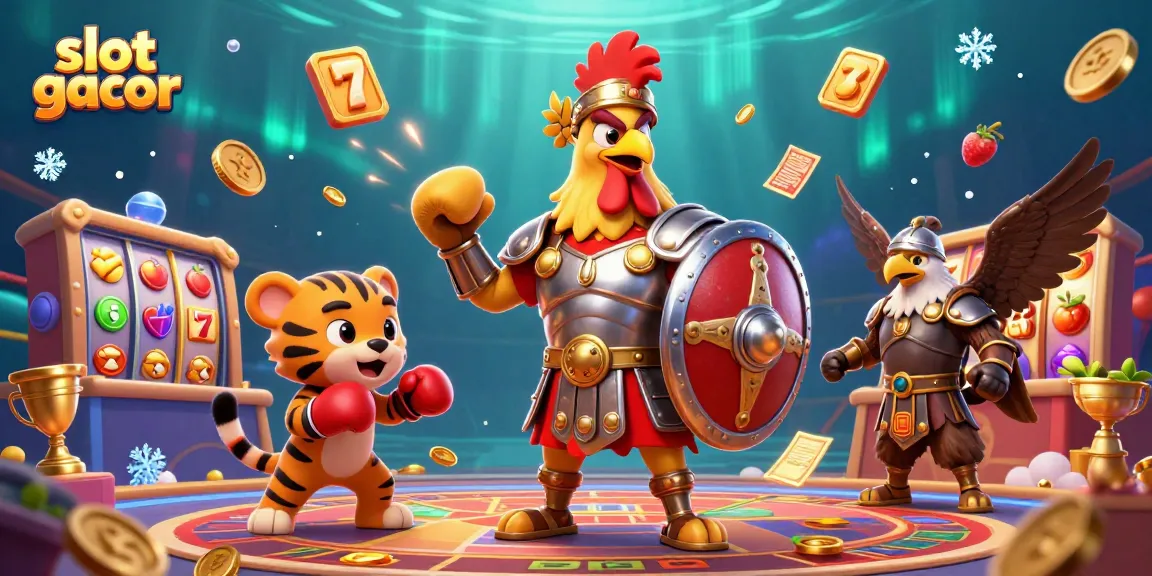 Win big with slot gacor featuring a dynamic cartoon gladiator rooster surrounded by vibrant slot symbols.