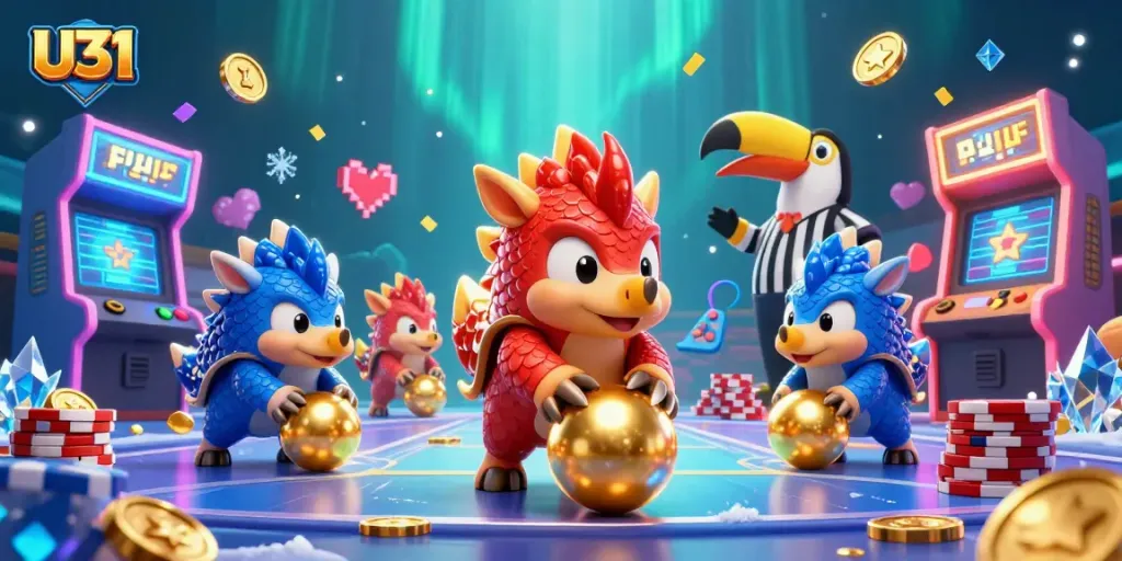 Experience U31's thrilling gameplay with rival pangolins bowling through golden poker chips in a vibrant casino scene.