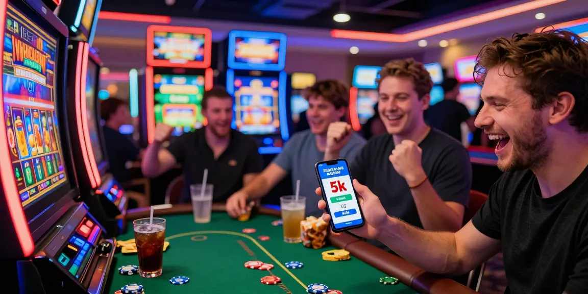 Celebrating a win at slot depo 5k online casino with vibrant slot machines and a joyful player.