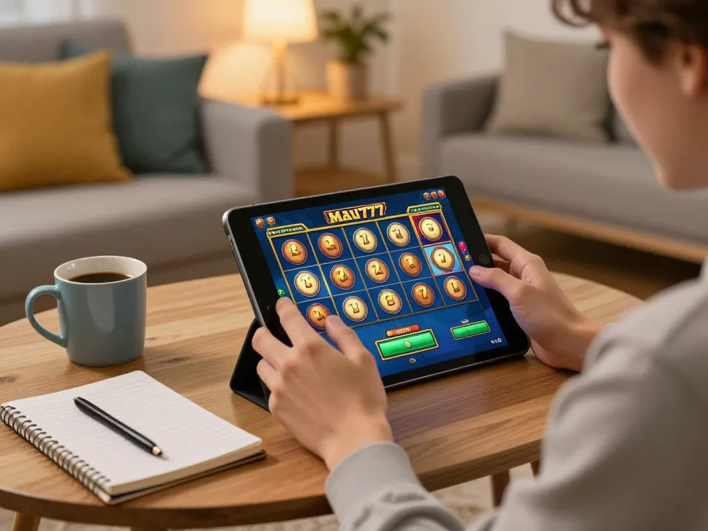 Pemain yang terlibat menikmati slot mau777 di tablet di lingkungan rumah yang nyaman, menunjukkan perjudian yang bertanggung jawab.