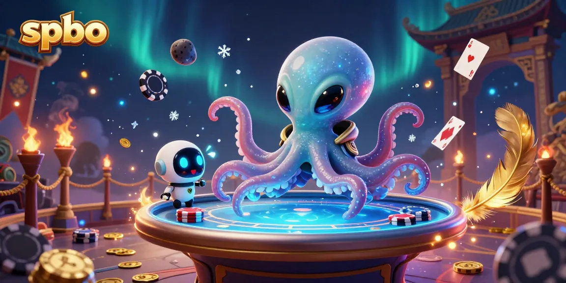 Engage in thrilling poker action with spbo's vibrant cosmic gambling scene featuring an alien octopus and robot.
