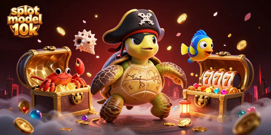 Engage in thrilling gameplay at slot modal 10k with cartoon pirate turtle, crab, and fish amid casino treasures.