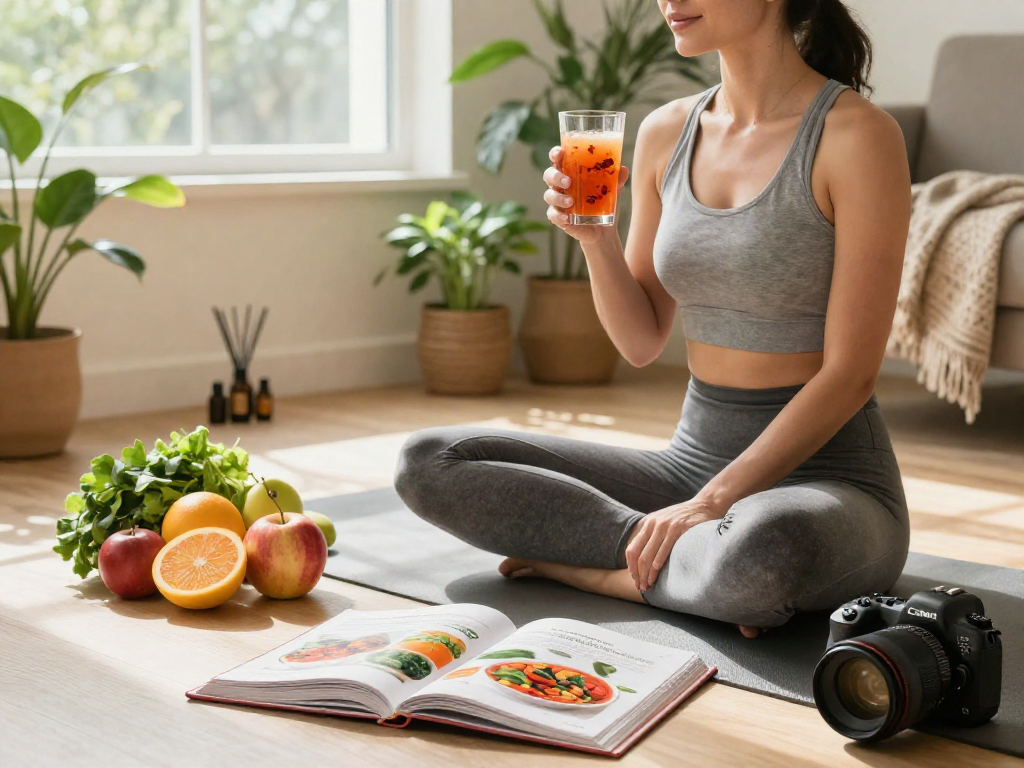 Woman enjoying natural astaxanthin smoothie in serene wellness space.