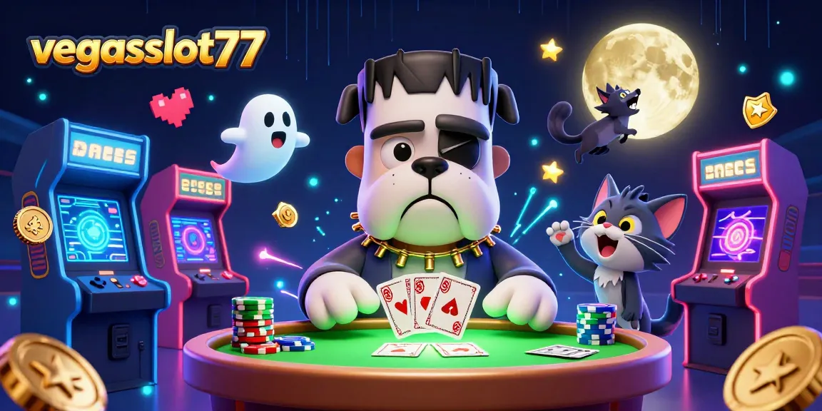 Experience engaging gameplay at vegasslot77 with a cartoon scene featuring unique characters and vibrant casino elements.
