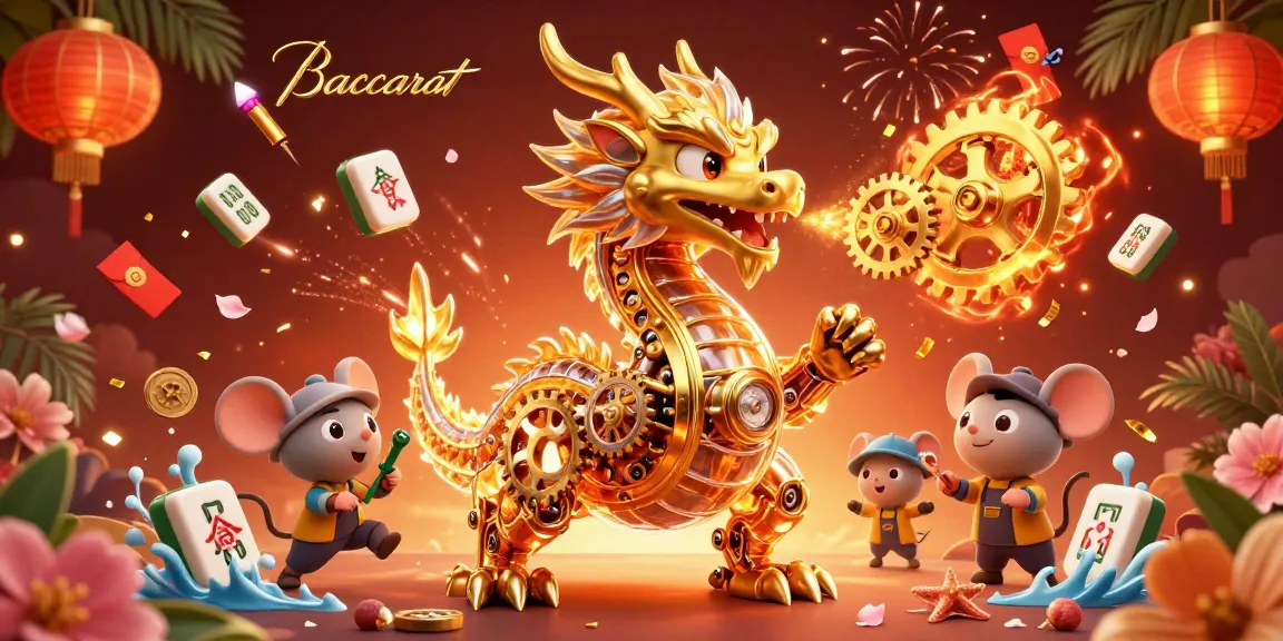 Baccarat table game illustration featuring a golden dragon with intricate details and casino elements.