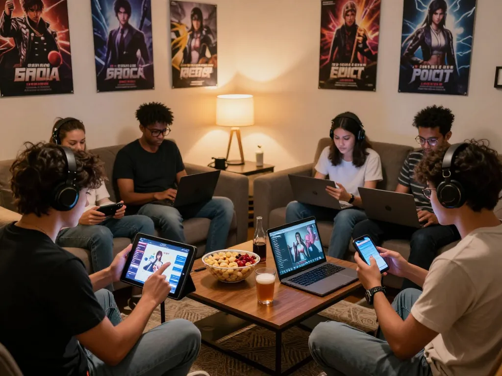 People playing online porn games on different devices in a cozy environment.