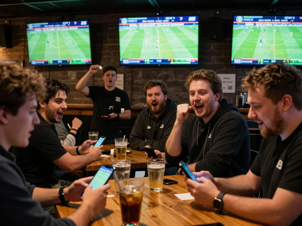 Engaged sports bettors using their smartphones to place wagers at 7M during live football matches.