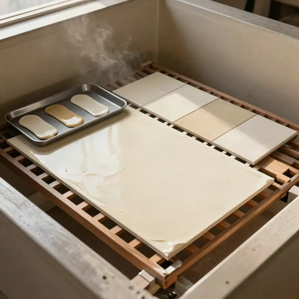 Coated paperboard drying on a rack beside finish samples and a gloss tile in a warm production room