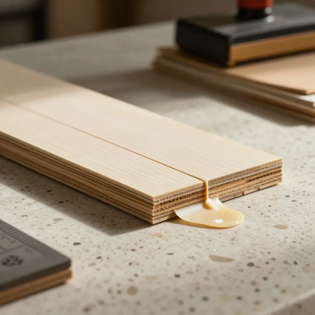 Bonded wood veneer coupons with a peeled test strip and adhesive bead on a travertine lab bench.