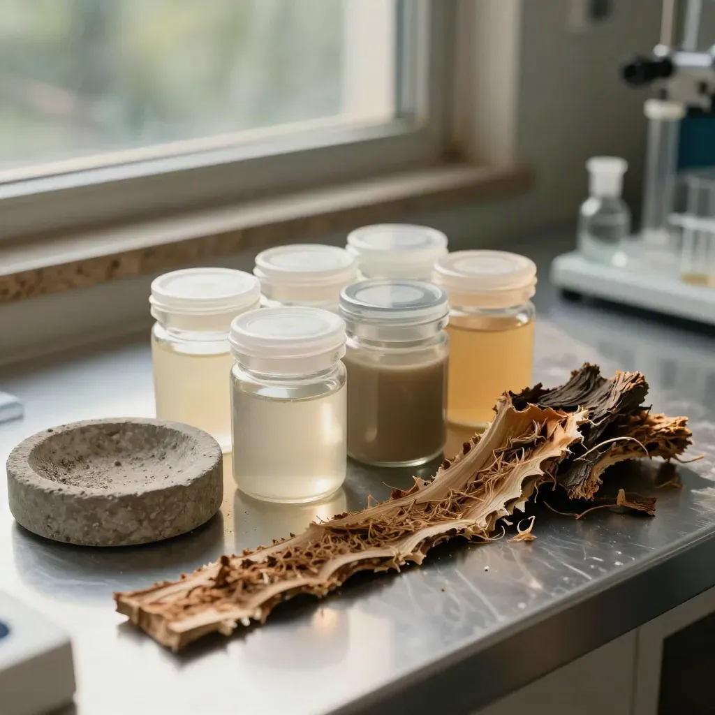 Extreme macro of lignin fraction jars, ash crucibles, stone dish and feedstock chips on a lab bench.