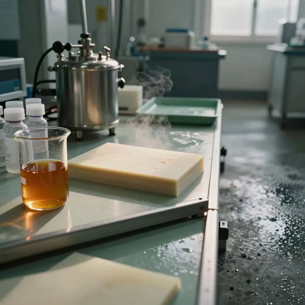 Pilot lab with lignin slurry, reactor, composite coupons, and coated boards in misty rain light.