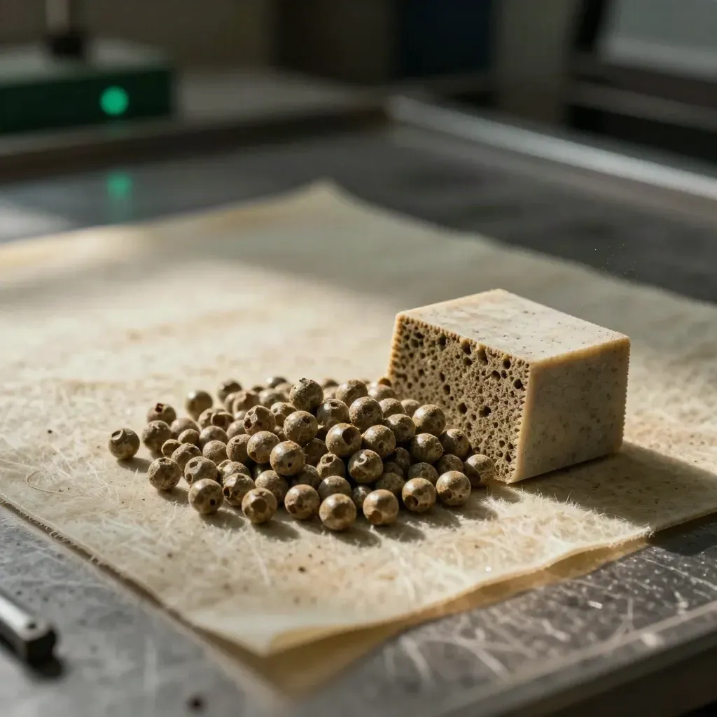 Composite pellets and a molded coupon showing a fiber-rich cut face in dramatic workshop light