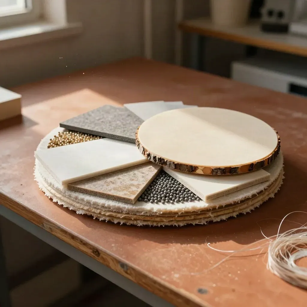 Top-down stack of recycled fiber, bio-resin, and sample boards in a warm lab corner