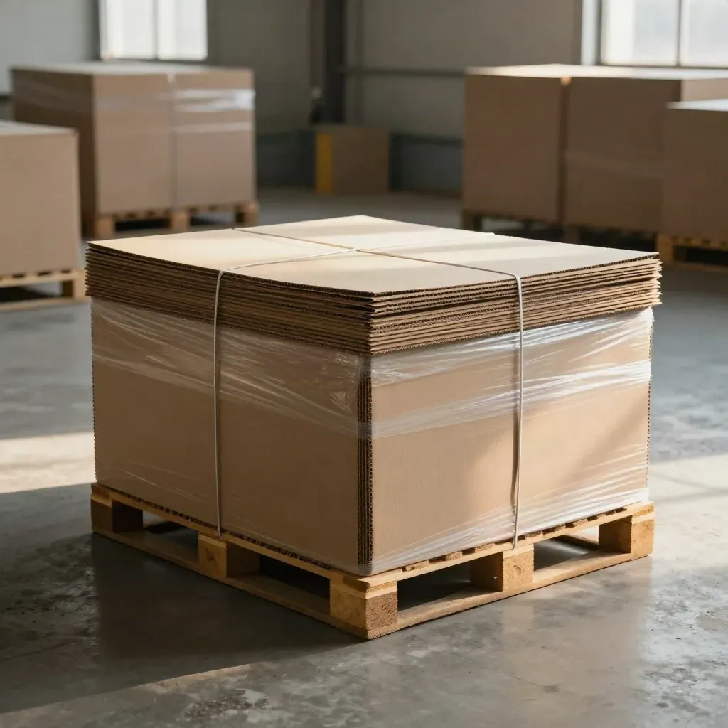 Wrap-ready kraft liner stacks on a pallet in a warm warehouse, neatly finished and ready to ship.