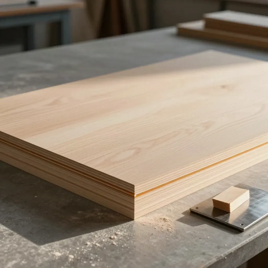 Cured veneer panel with bonded test coupons on a concrete lab bench, lit dramatically.