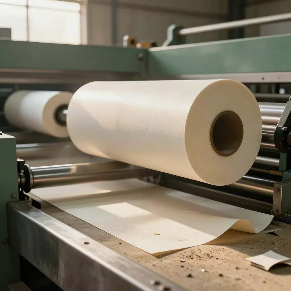 Coated paper web runs past tidy trim curls into a scrap bin inside a paper mill.