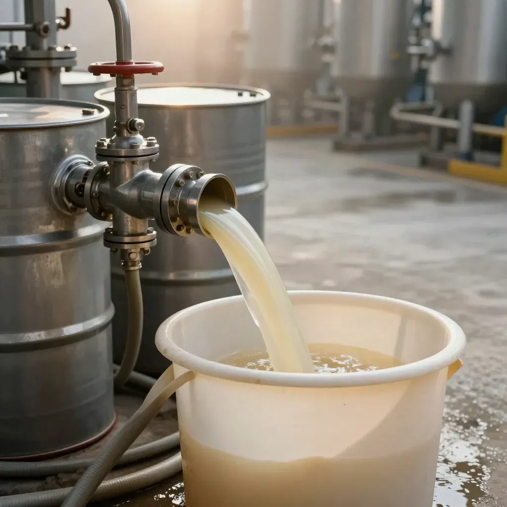 Pilot batch flowing into a cream tote beside uniform drums and a looped hose in a clean plant.