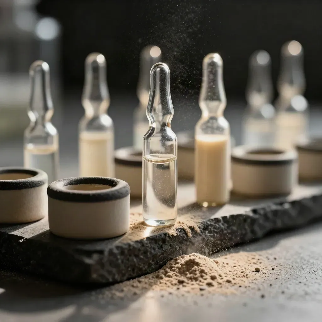 Ampoules, crucibles, and a swab vial on dark stone with lignin powder and raking light.
