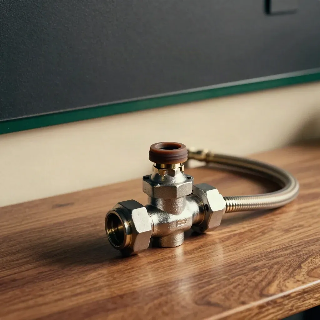 Pilot valve assembly with tri-clamp elbow, gasket, valve block and braided hose on a walnut bench