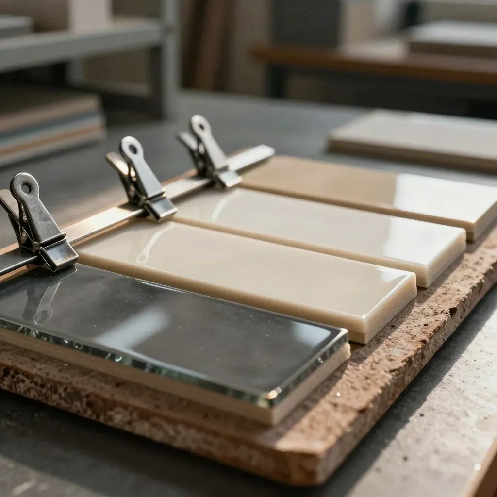 Gloss coating swatches, spreader blade and drying-rack clips on a lab tray.