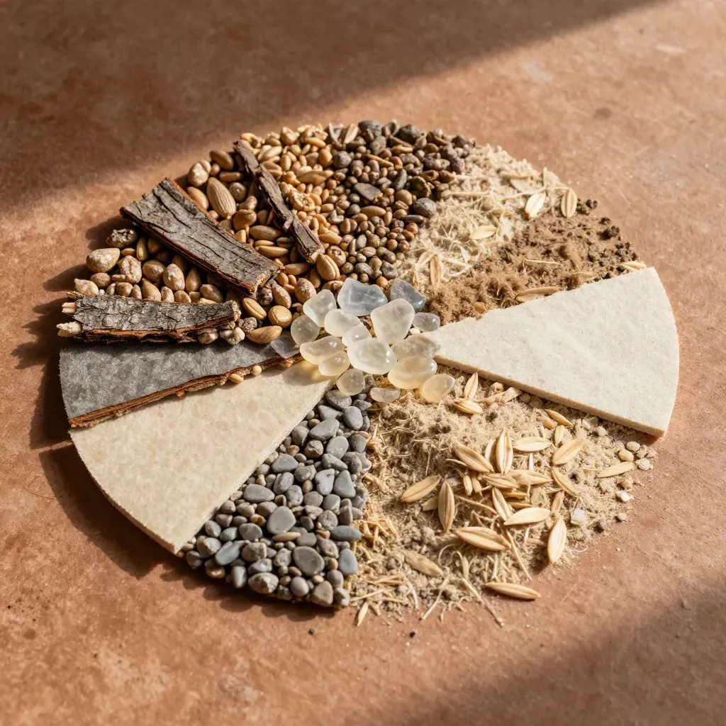Top-down material palette of fiber mat, pellets, resin chips, and composite offcut