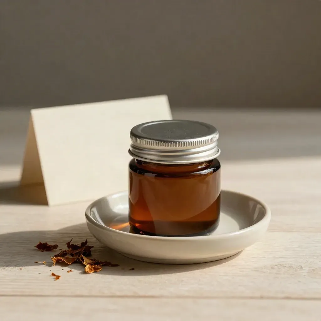 Sealed sample jar, lignin flakes, and ceramic dish on pale wood in soft side light.