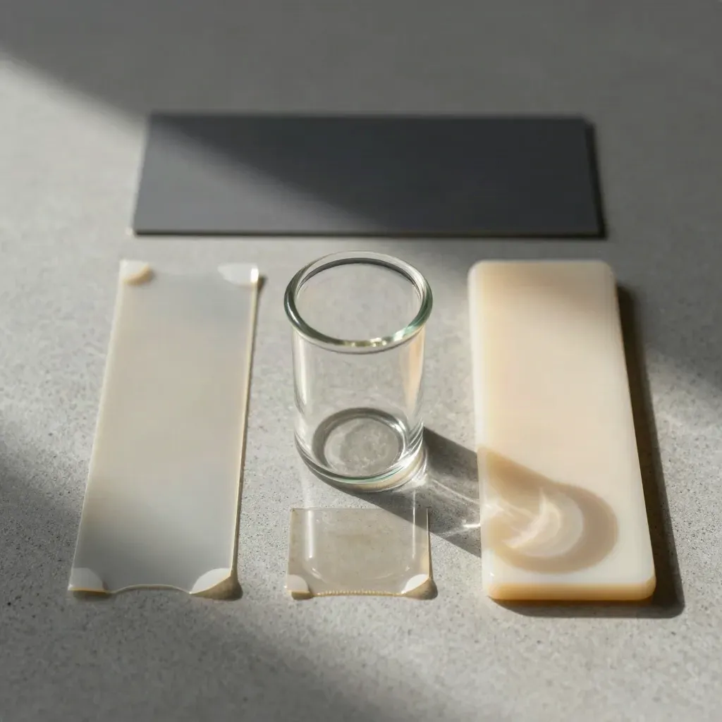 Test vials, cured film strips, and a silicone pad on concrete in a precise overhead layout.