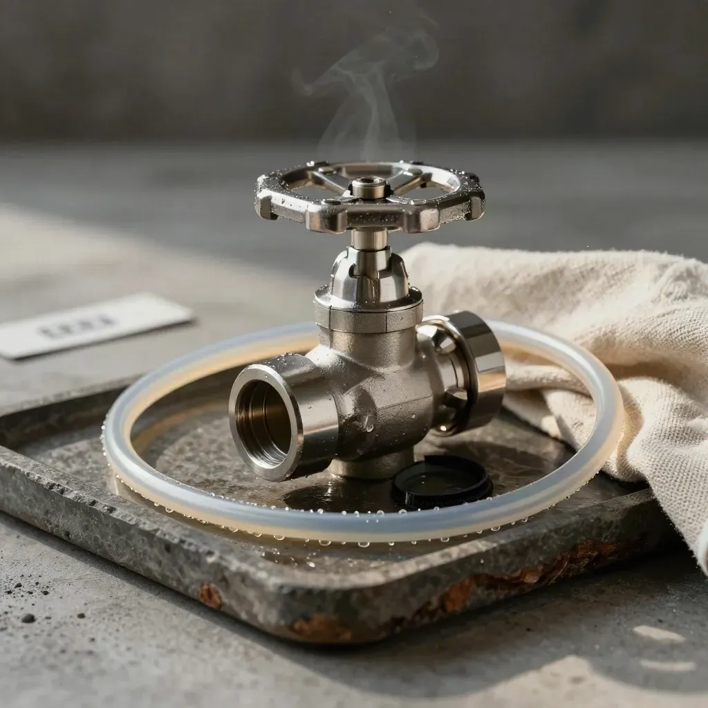 Stainless pilot valve, hose loop, and gasket on a dark tray with soft vapor.