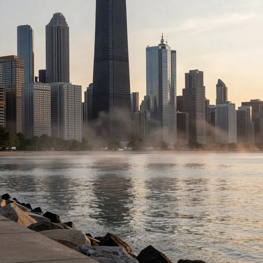 Chicago-like skyline over calm Great Lakes water at sunset, with a low breakwater and amber haze.