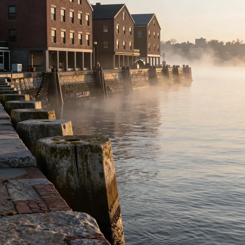 Foggy Northeast harbor with stone pier, brick waterfront and distant city edge at sunrise.