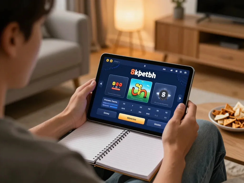 8kbetbh player strategizing with gaming app in cozy home environment.