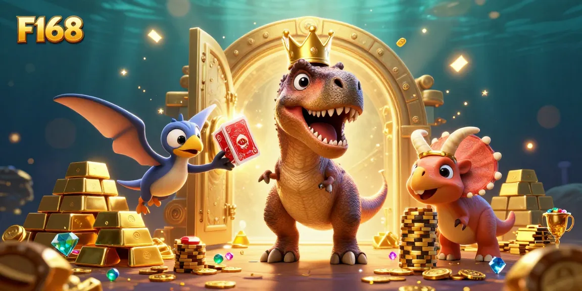 Experience the thrill of gaming at F168 with a playful scene featuring friendly dinosaurs surrounded by treasures.