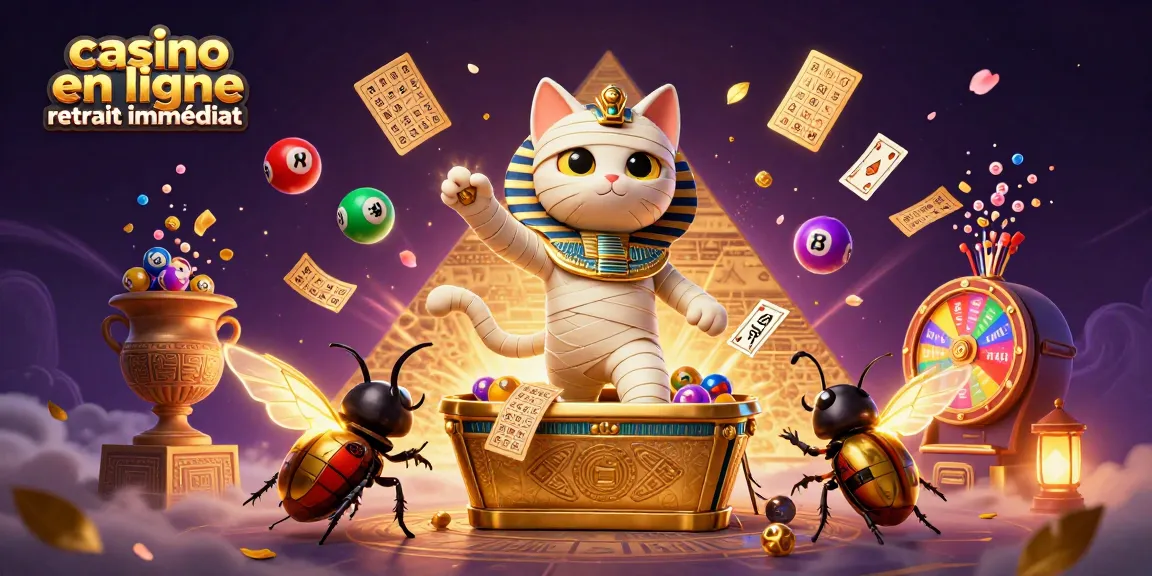 Gagnez à casino en ligne retrait immédiat avec un chat momie égyptien et une ambiance de casino vibrant.
