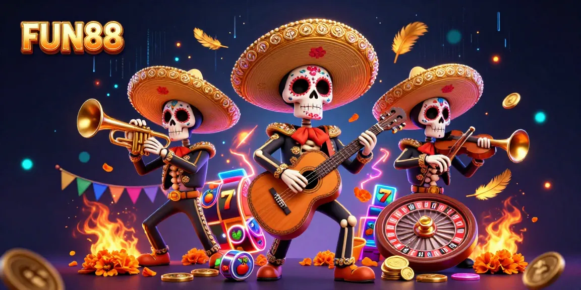 Experience thrilling action at FUN88 with a vibrant Day of the Dead mariachi scene entangled in exciting gambling elements.