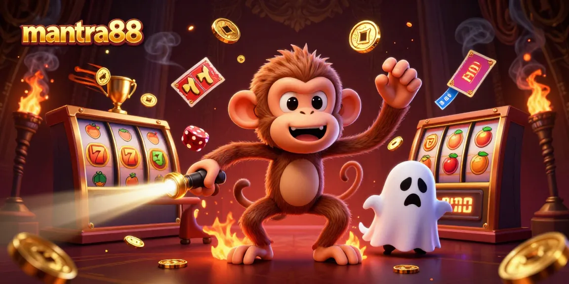 Engage with mantra88’s thrilling slots as a playful poltergeist monkey juggles gold in a vibrant casino.