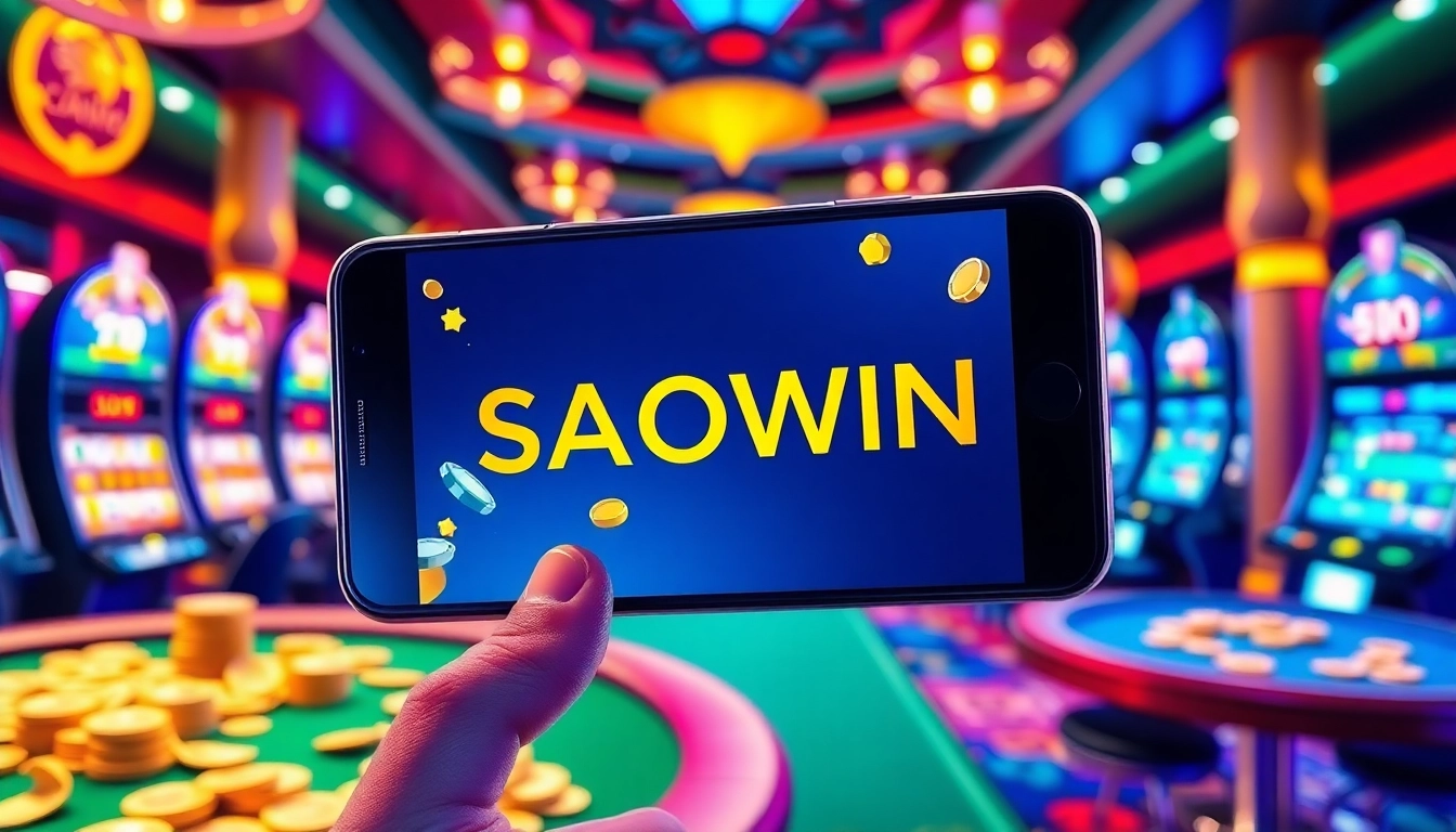 Trải nghiệm cảm giác phấn khích khi chơi game với Saowin APK được hiển thị trên điện thoại thông minh, đặt trong một môi trường sòng bạc sôi động.