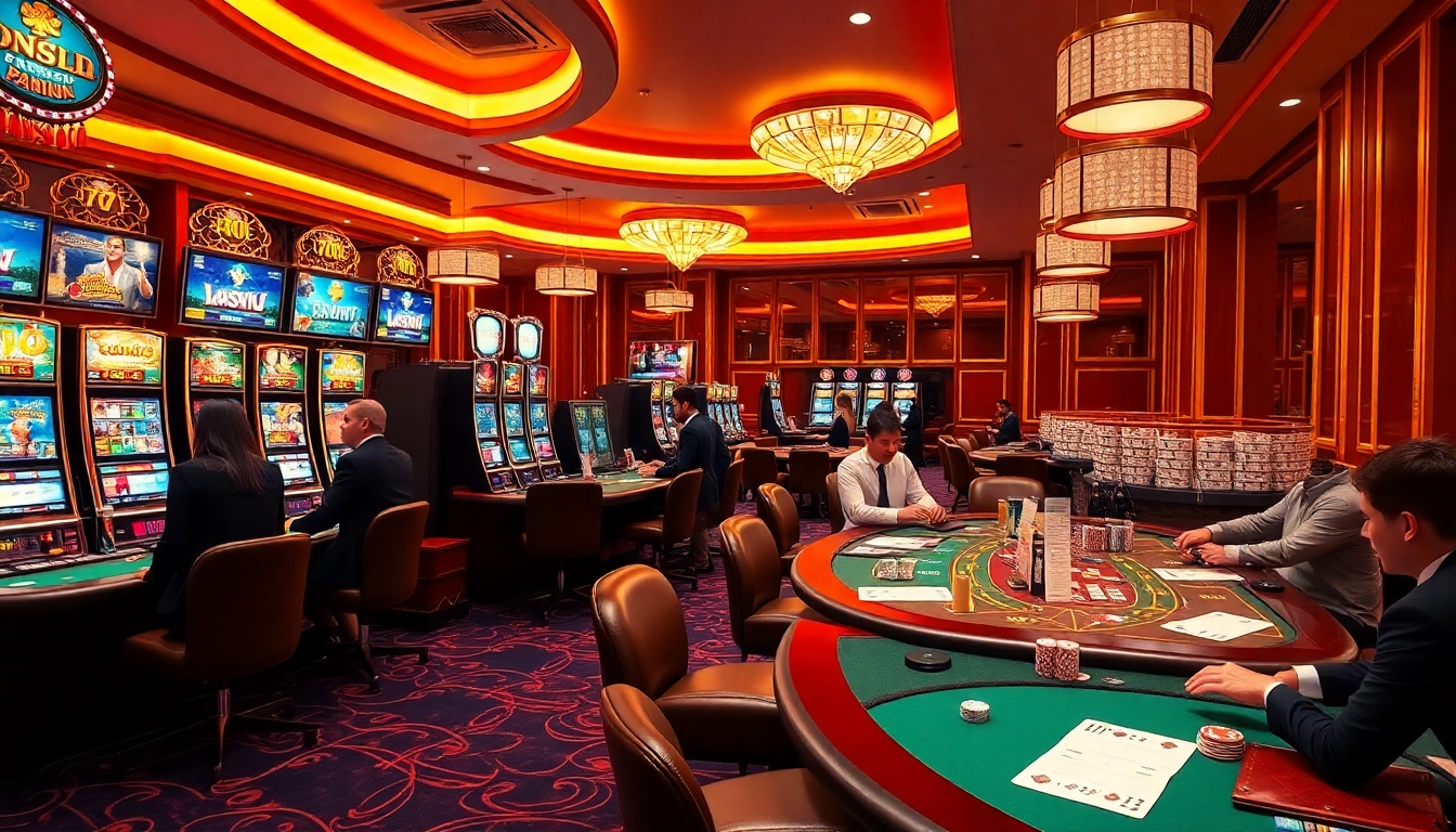 Experience the excitement of idnslot gaming with vibrant slot machines and engaging poker tables in a luxurious casino setting.
