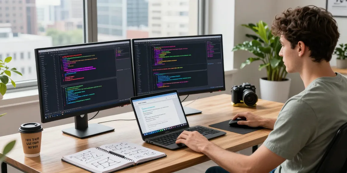 Developer coding with Telegram API at workspace, showcasing telegram官网 features.