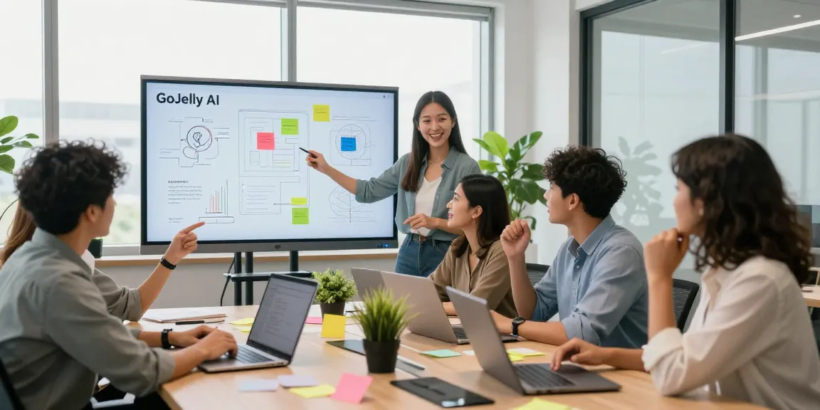 Team collaborating using mixboard ai in a bright modern office, vibrant brainstorming atmosphere.