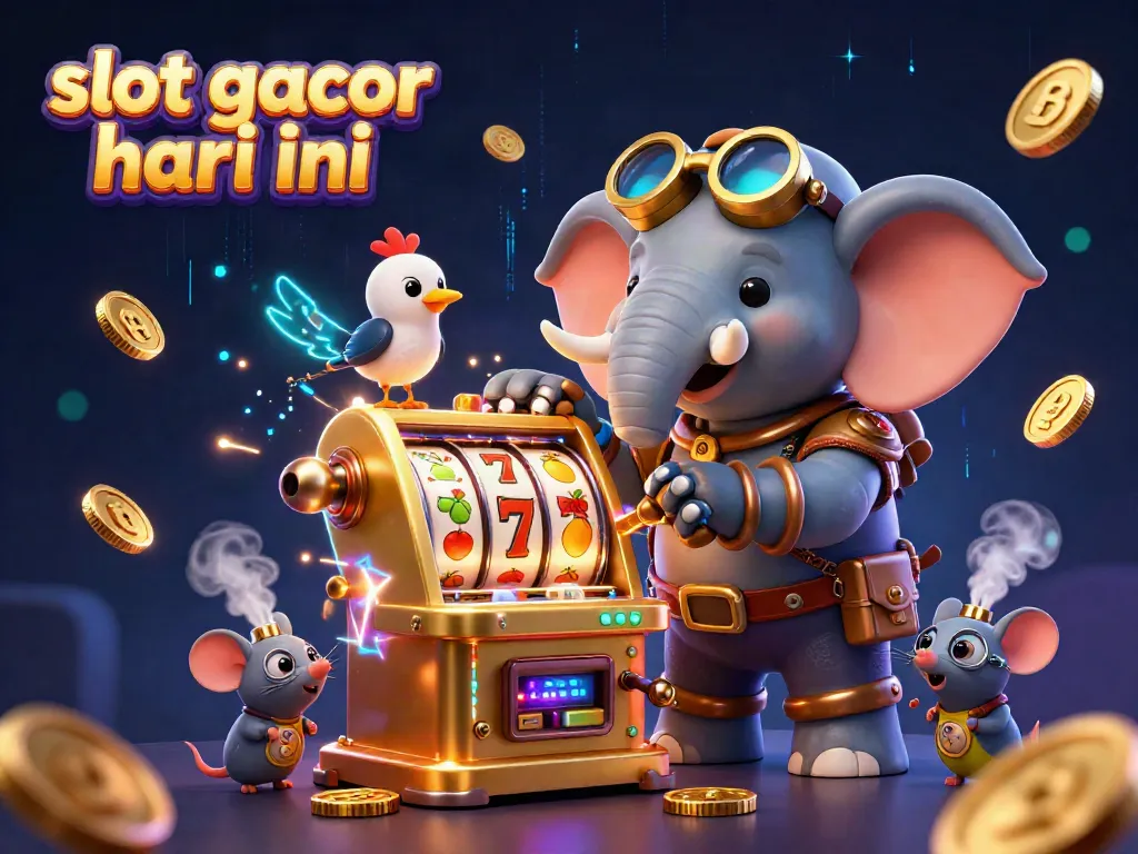 Slot gacor hari ini diilustrasikan dengan karakter gajah steampunk dan mesin slot emas yang dinamis.