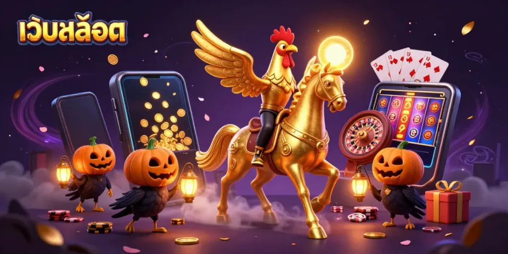Engage in เว็บสล็อต action with a golden rooster knight and spectral horse amid a magical casino scene.