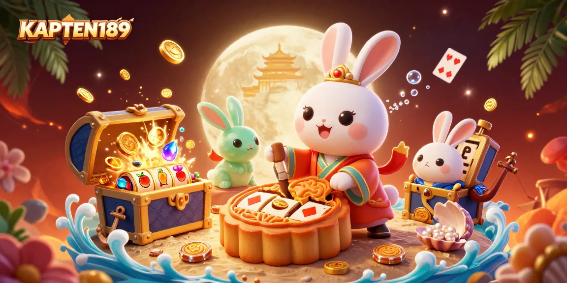 KAPTEN189 menampilkan kelinci bulan tradisional mengolah kue bulan emas dengan simbol slot, chips poker, dan elemen gemerlap lainnya.