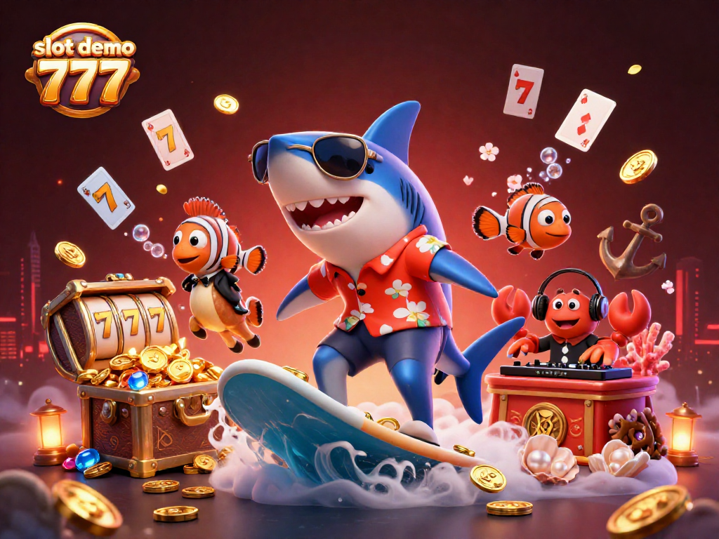 Experience thrilling action with slot demo 777 featuring a shark, clownfish, and crab in a vibrant underwater casino scene.