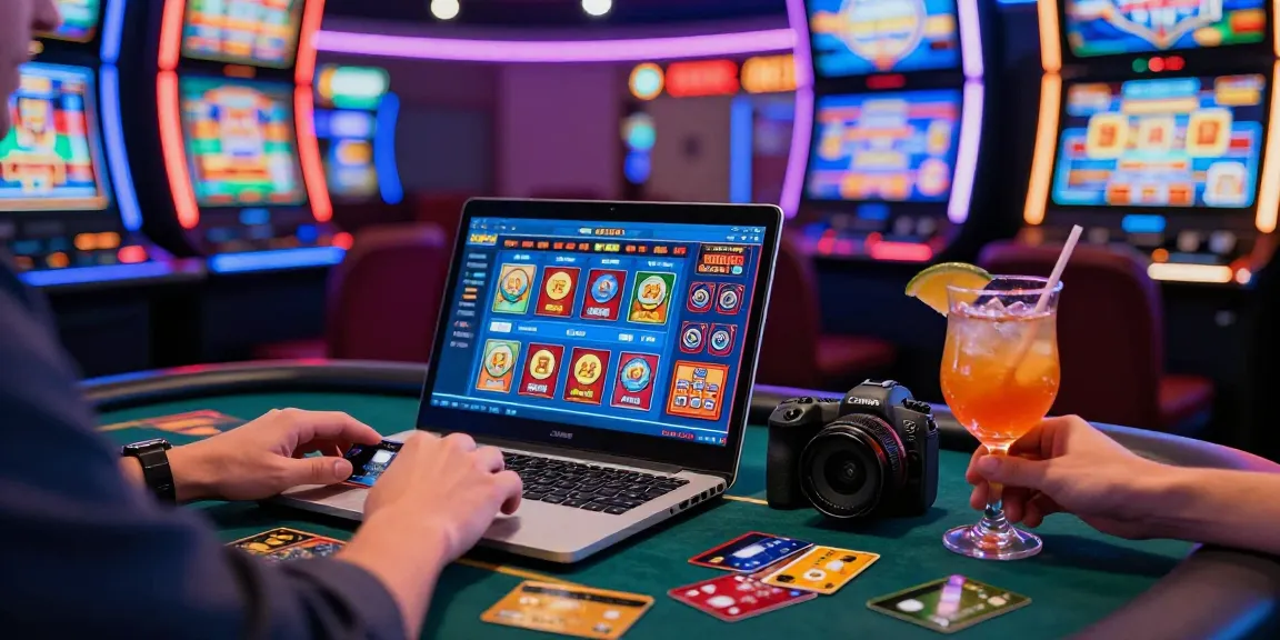 Engaging online gaming experience at credit card casinos on https://aisa.org.uk with neon lights and slot machines.