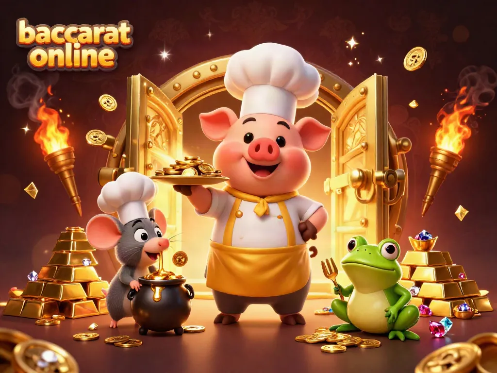 Experience the thrill of baccarat online with golden coins and unique characters in a vibrant illustration.