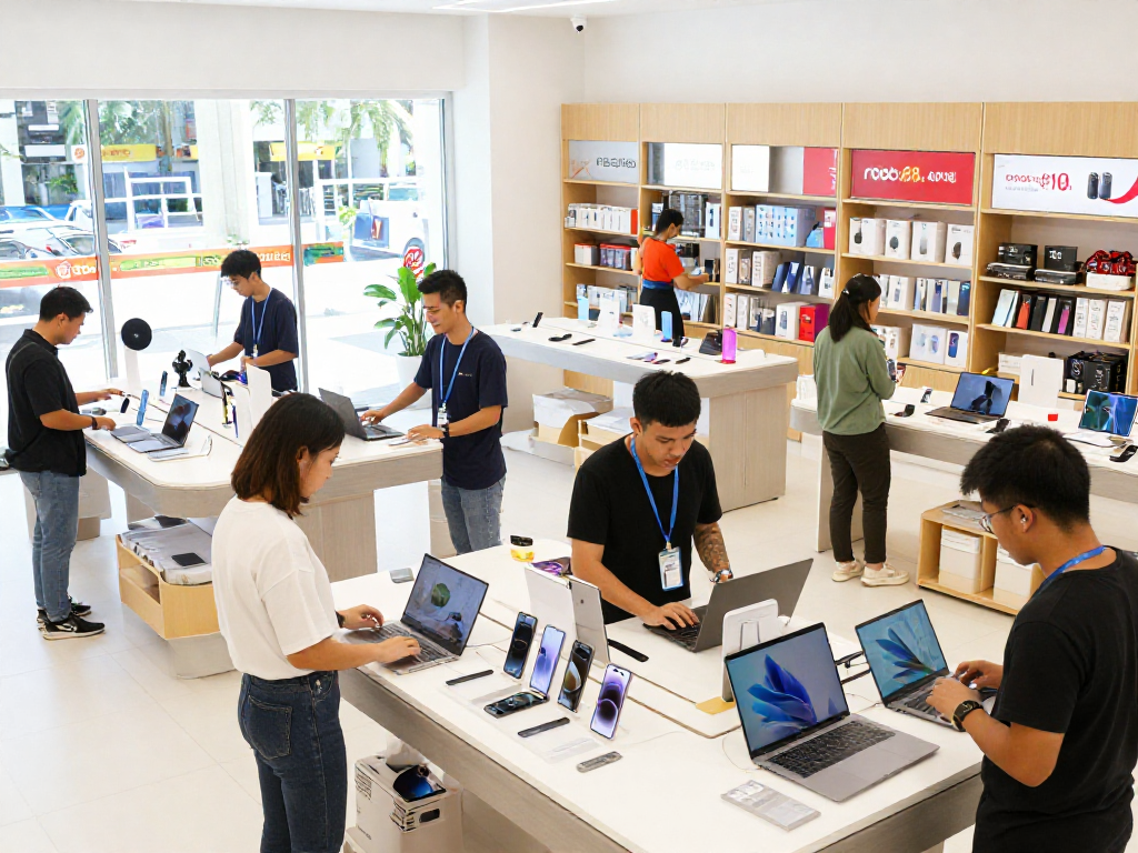 Shoppers exploring rokok88 app discounts on electronics in a vibrant retail setting.