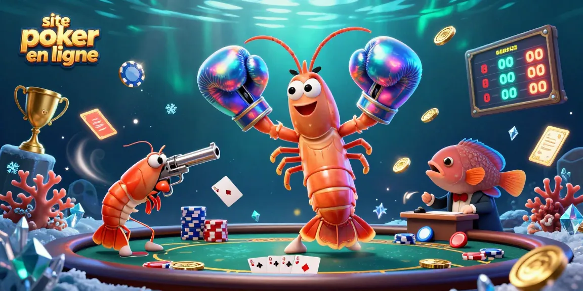 Le site poker en ligne propose une scène dynamique avec des personnages de poker illustrés et des éléments colorés.